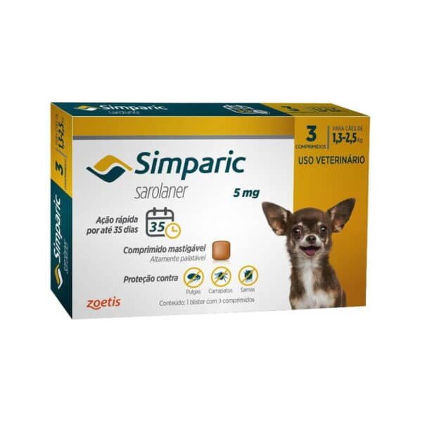 PetStore.com.br Sua Pet Online | Antipulgas Simparic 5mg Zoetis para Cães de 1,3 a 2,5kg 3 comprimidos