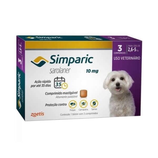 PetStore.com.br Sua Pet Online | Antipulgas Simparic 10mg Zoetis para Cães de 2,6 a 5kg 3 comprimidos