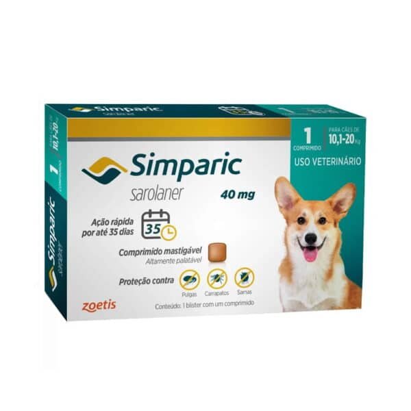 Antipulgas Simparic 40mg Zoetis para Cães de 10,1 a 20kg 1 comprimido