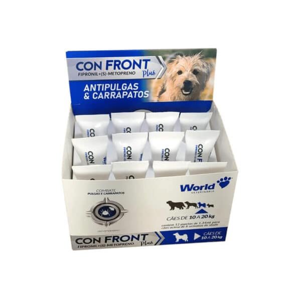 Antipulgas e Carrapatos ConFront Plus para Cães de 10 a 20 Kg Display com 12 Pipetas 1,34ml World Veterinária