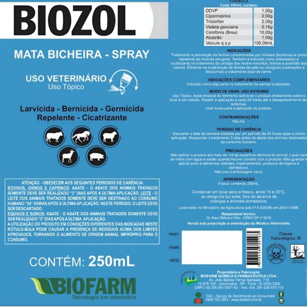 Biozol Mata Bicheira Spray 250ml Biofarm - Imagem 2